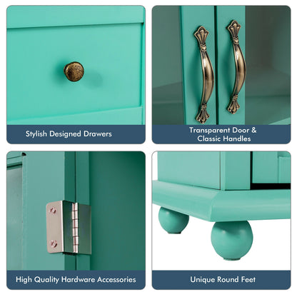 Buffet Sideboard Cabinet with Glass Doors and Storage Drawers for Kitchen or Dining Room - Green