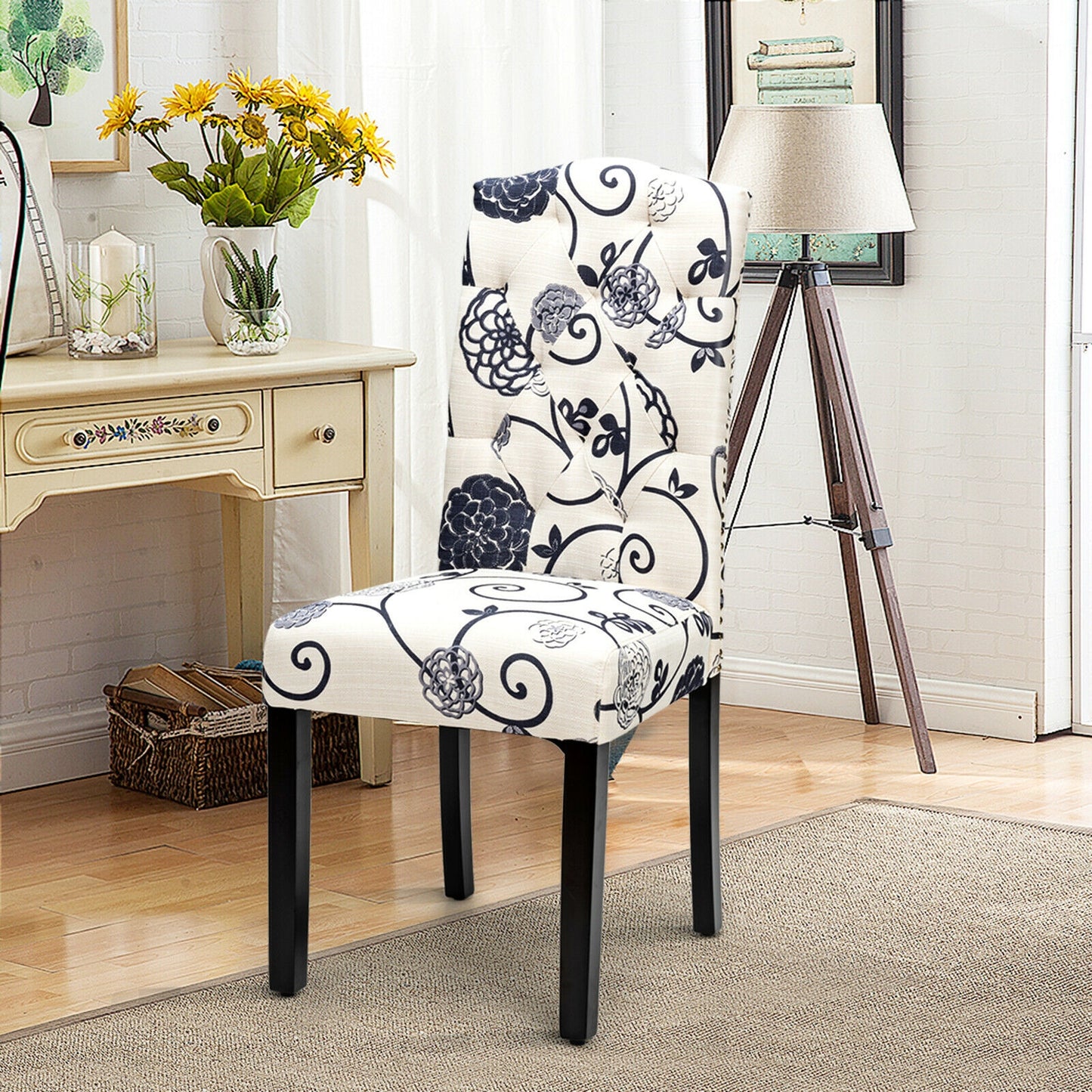 Pair of Tufted Upholstered Dining Chairs, Black and White