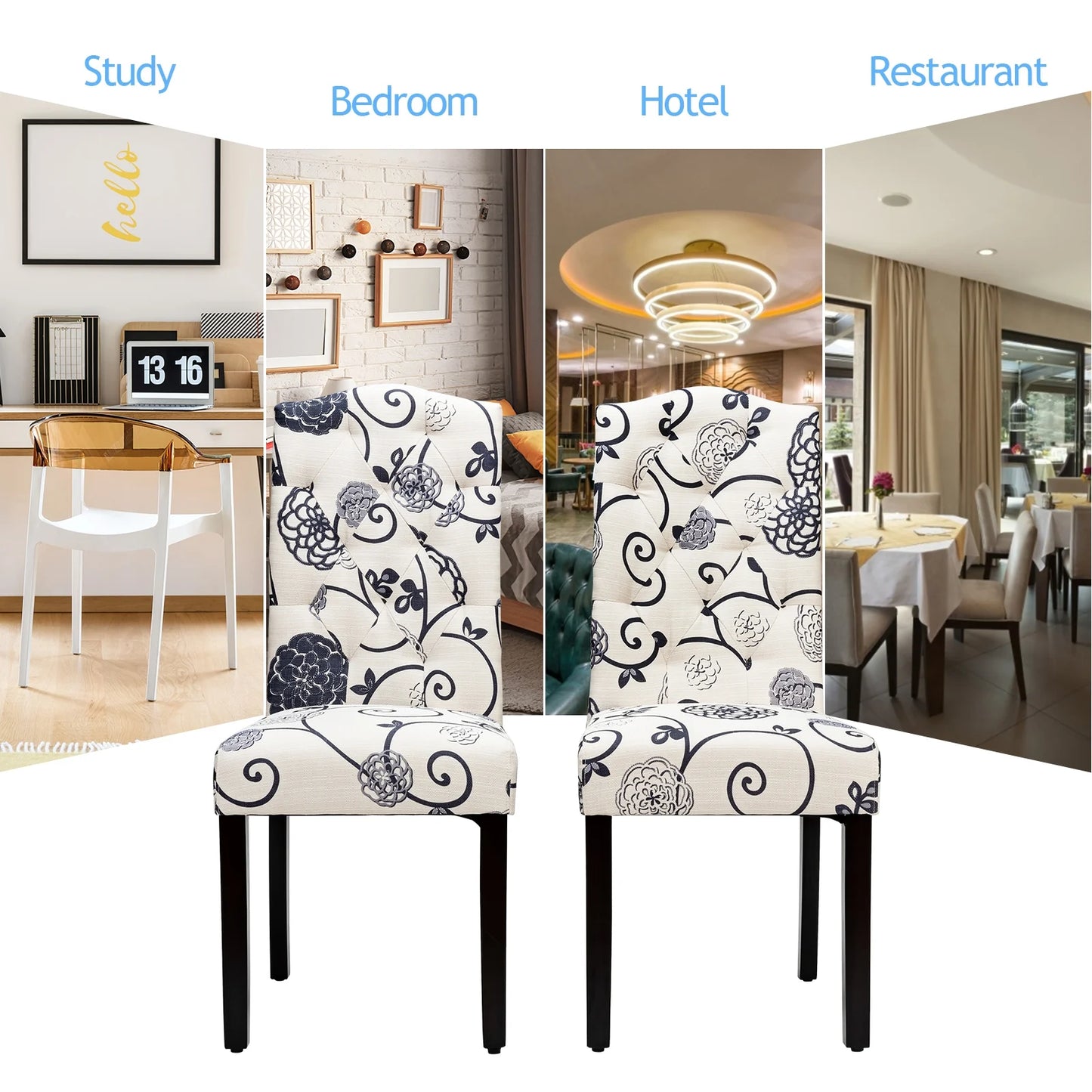 Pair of Tufted Upholstered Dining Chairs, Black and White