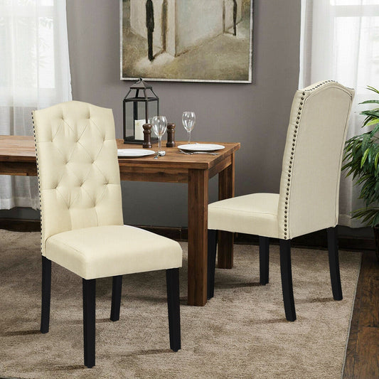 Pair of Tufted Upholstered Dining Chairs, Beige