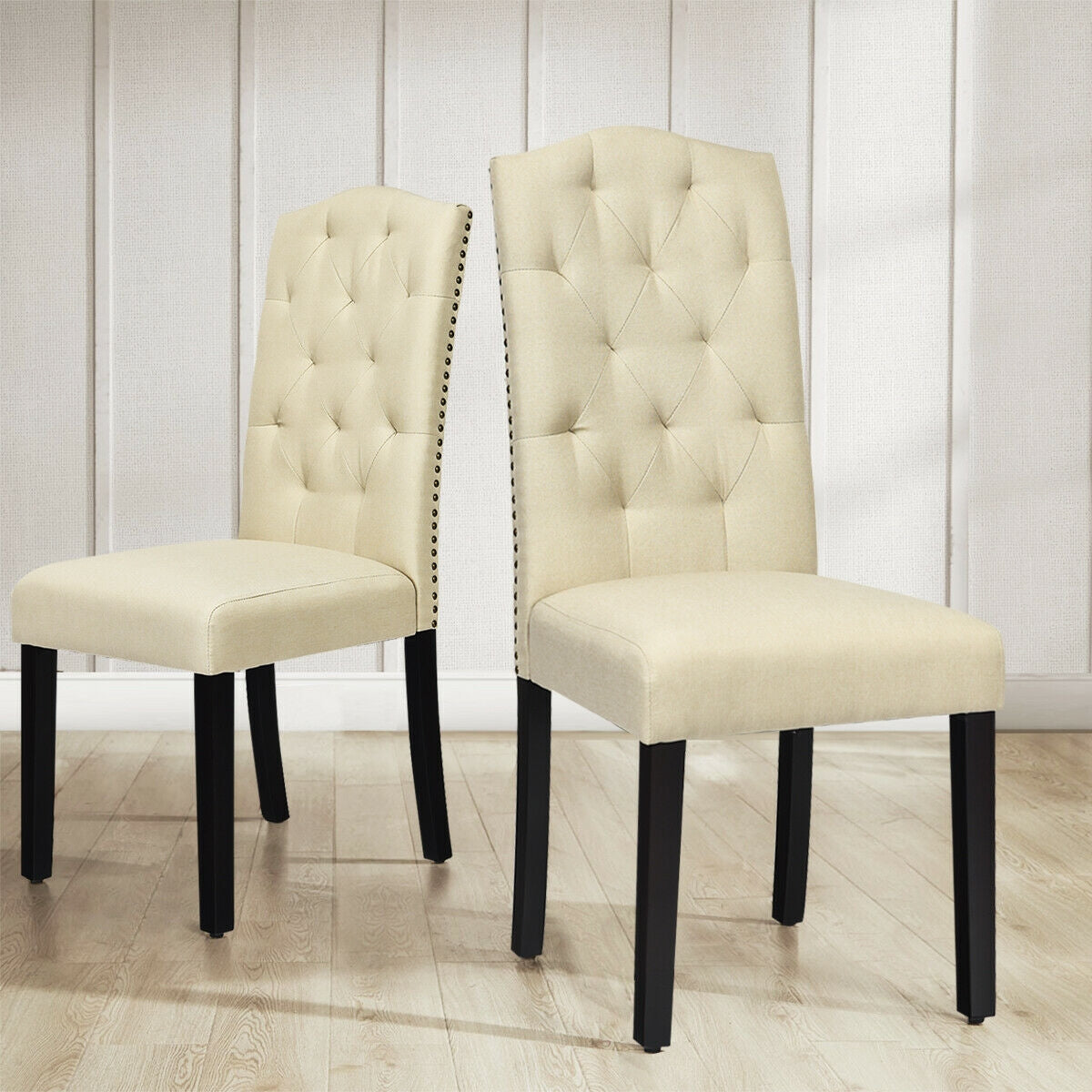 Pair of Tufted Upholstered Dining Chairs, Beige