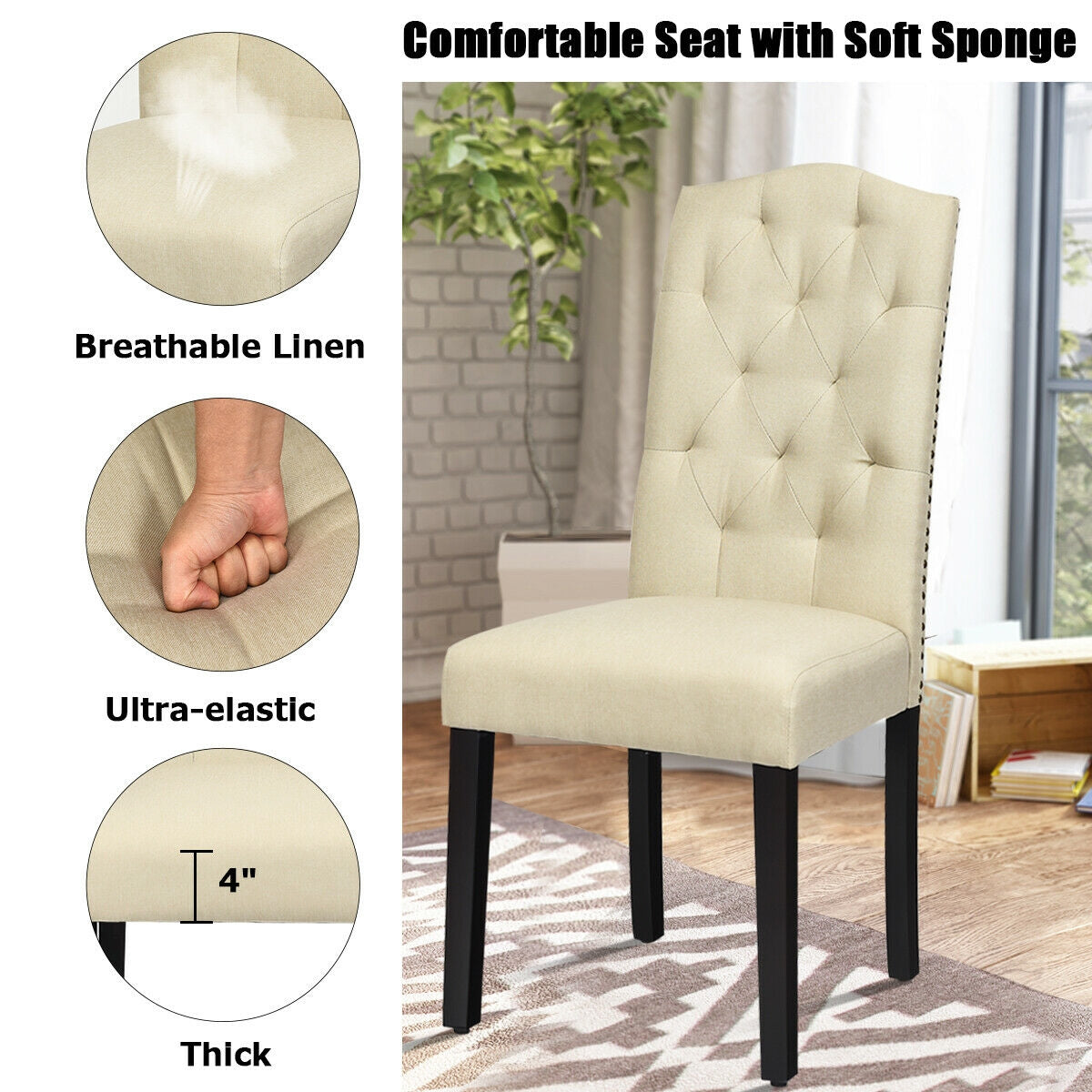 Pair of Tufted Upholstered Dining Chairs, Beige