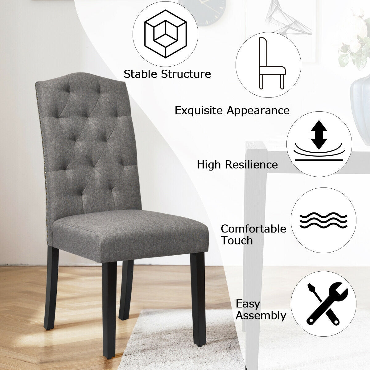 Pair of Tufted Upholstered Dining Chairs, Grey