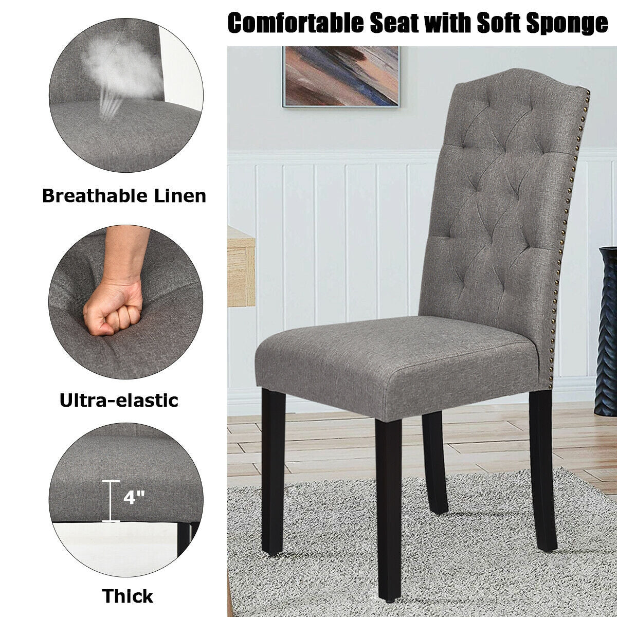 Pair of Tufted Upholstered Dining Chairs, Grey