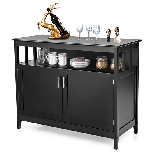 Modern Wooden Kitchen Storage Cabinet with Double Doors and Open Shelf - Black