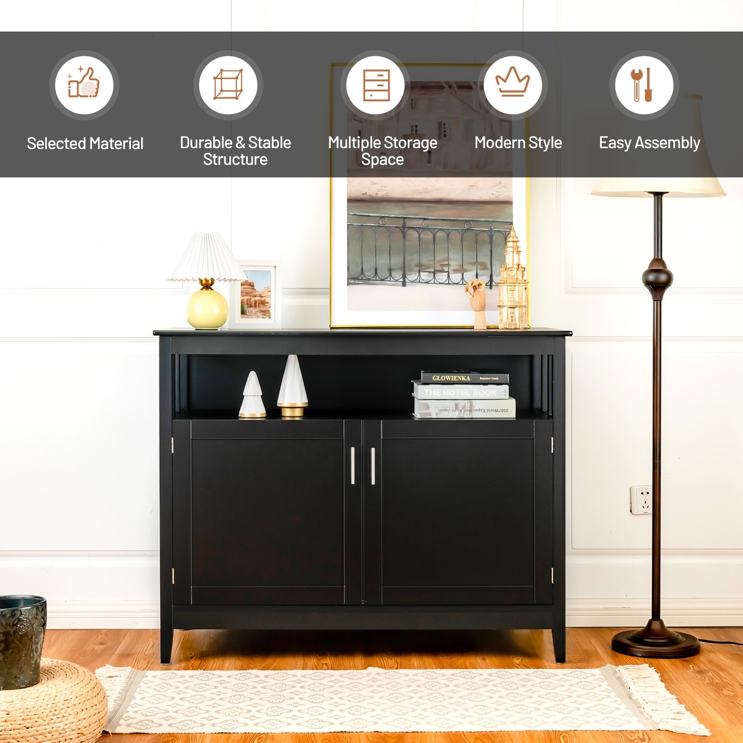 Modern Wooden Kitchen Storage Cabinet with Double Doors and Open Shelf - Black