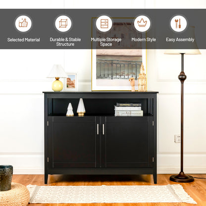 Modern Wooden Kitchen Storage Cabinet with Double Doors and Open Shelf - Black