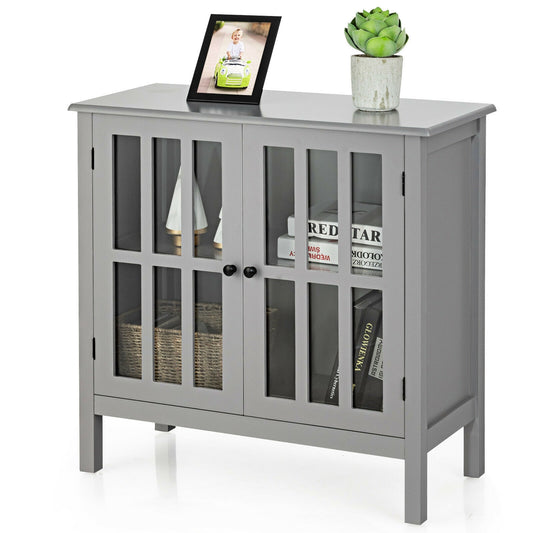 Modern Glass Door Buffet Cabinet with Adjustable Shelves and Storage Drawers - Grey