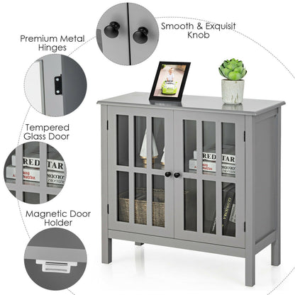Modern Glass Door Buffet Cabinet with Adjustable Shelves and Storage Drawers - Grey