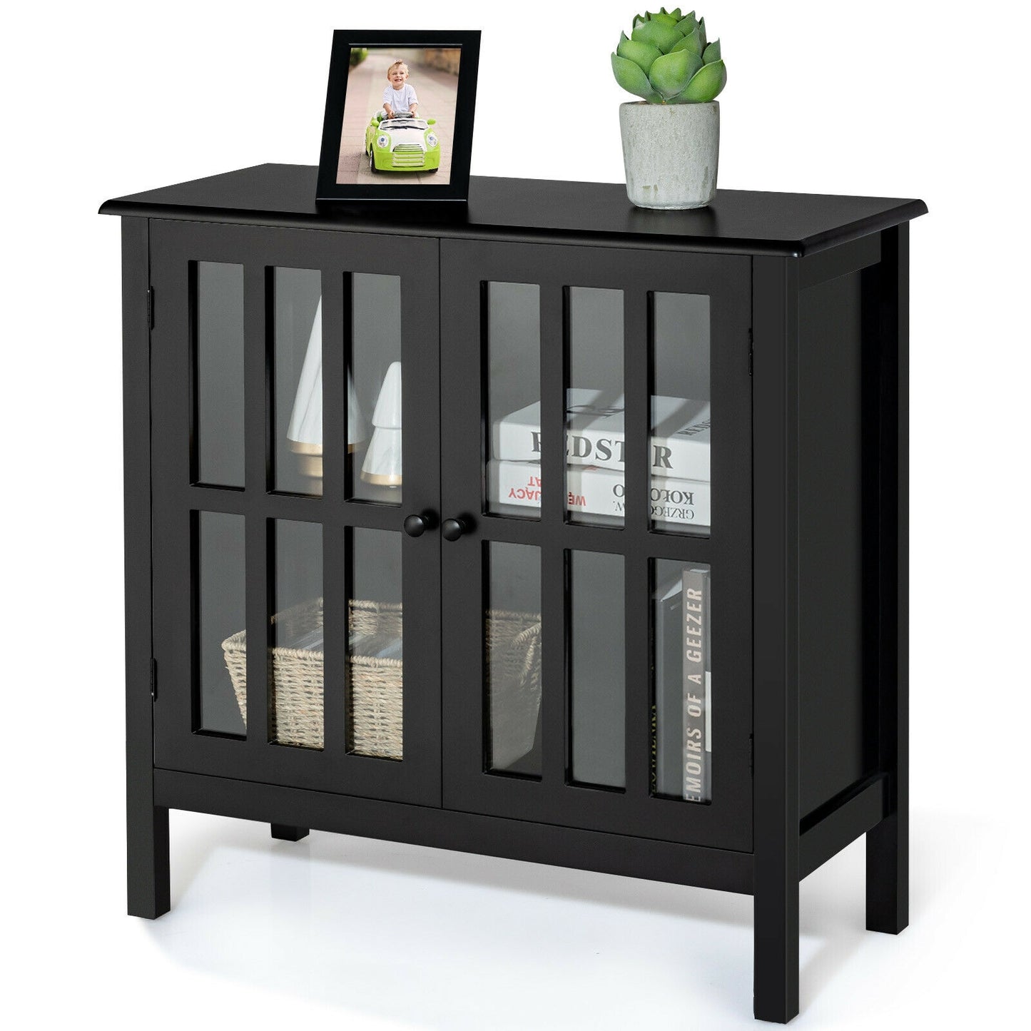 Modern Glass Door Buffet Cabinet with Adjustable Shelves and Storage Drawers - Black