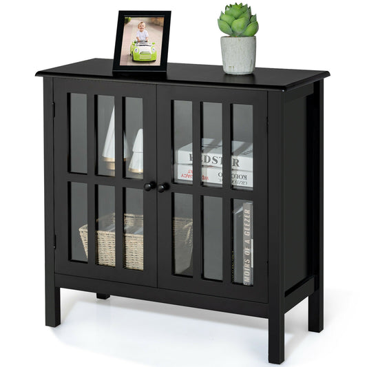 Modern Glass Door Buffet Cabinet with Adjustable Shelves and Storage Drawers - Black