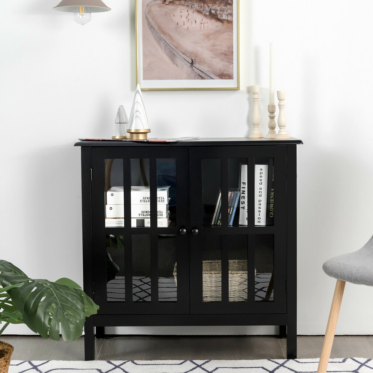 Modern Glass Door Buffet Cabinet with Adjustable Shelves and Storage Drawers - Black