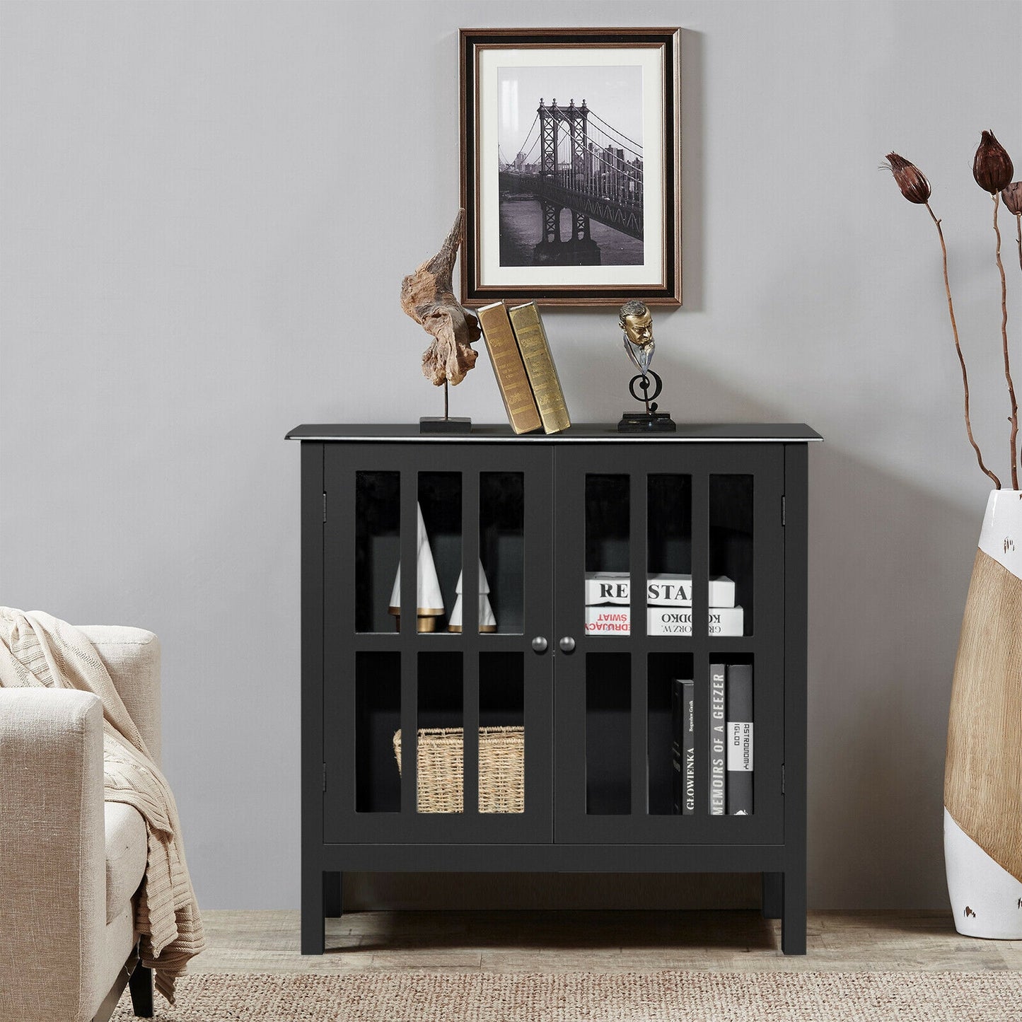Modern Glass Door Buffet Cabinet with Adjustable Shelves and Storage Drawers - Black