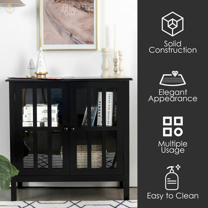 Modern Glass Door Buffet Cabinet with Adjustable Shelves and Storage Drawers - Black
