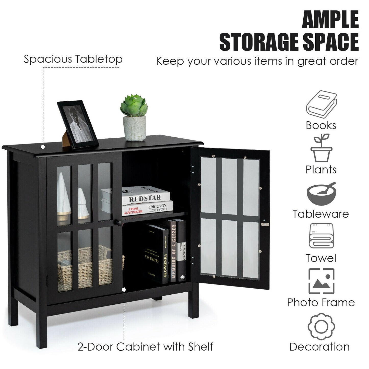 Modern Glass Door Buffet Cabinet with Adjustable Shelves and Storage Drawers - Black
