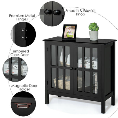 Modern Glass Door Buffet Cabinet with Adjustable Shelves and Storage Drawers - Black