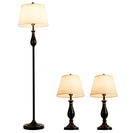 Elegant 3 Piece Brushed Nickel Lamp Set with White Fabric Shades - Black