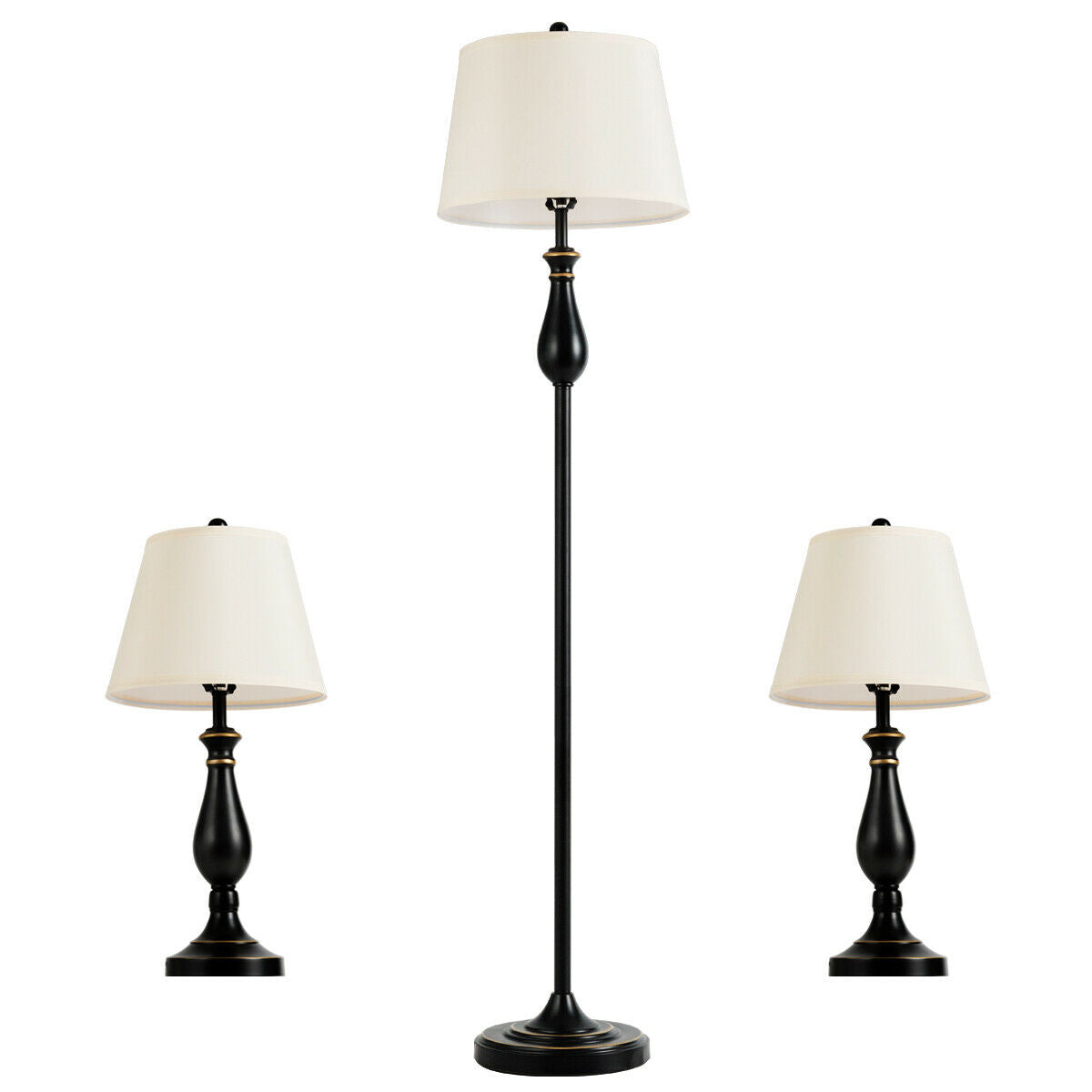 Elegant 3 Piece Brushed Nickel Lamp Set with White Fabric Shades - Black