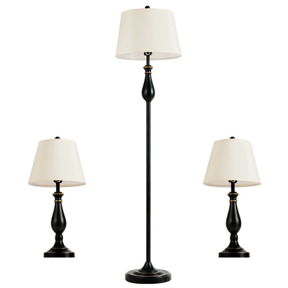 Elegant 3 Piece Brushed Nickel Lamp Set with White Fabric Shades - Black