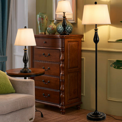 Elegant 3 Piece Brushed Nickel Lamp Set with White Fabric Shades - Black