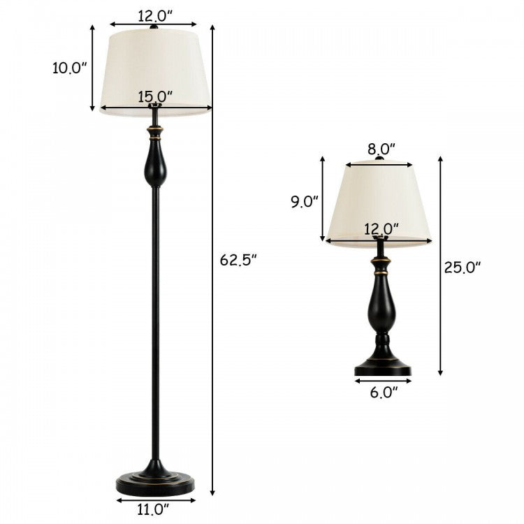 Elegant 3 Piece Brushed Nickel Lamp Set with White Fabric Shades - Black