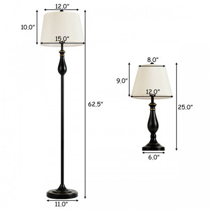Elegant 3 Piece Brushed Nickel Lamp Set with White Fabric Shades - Black