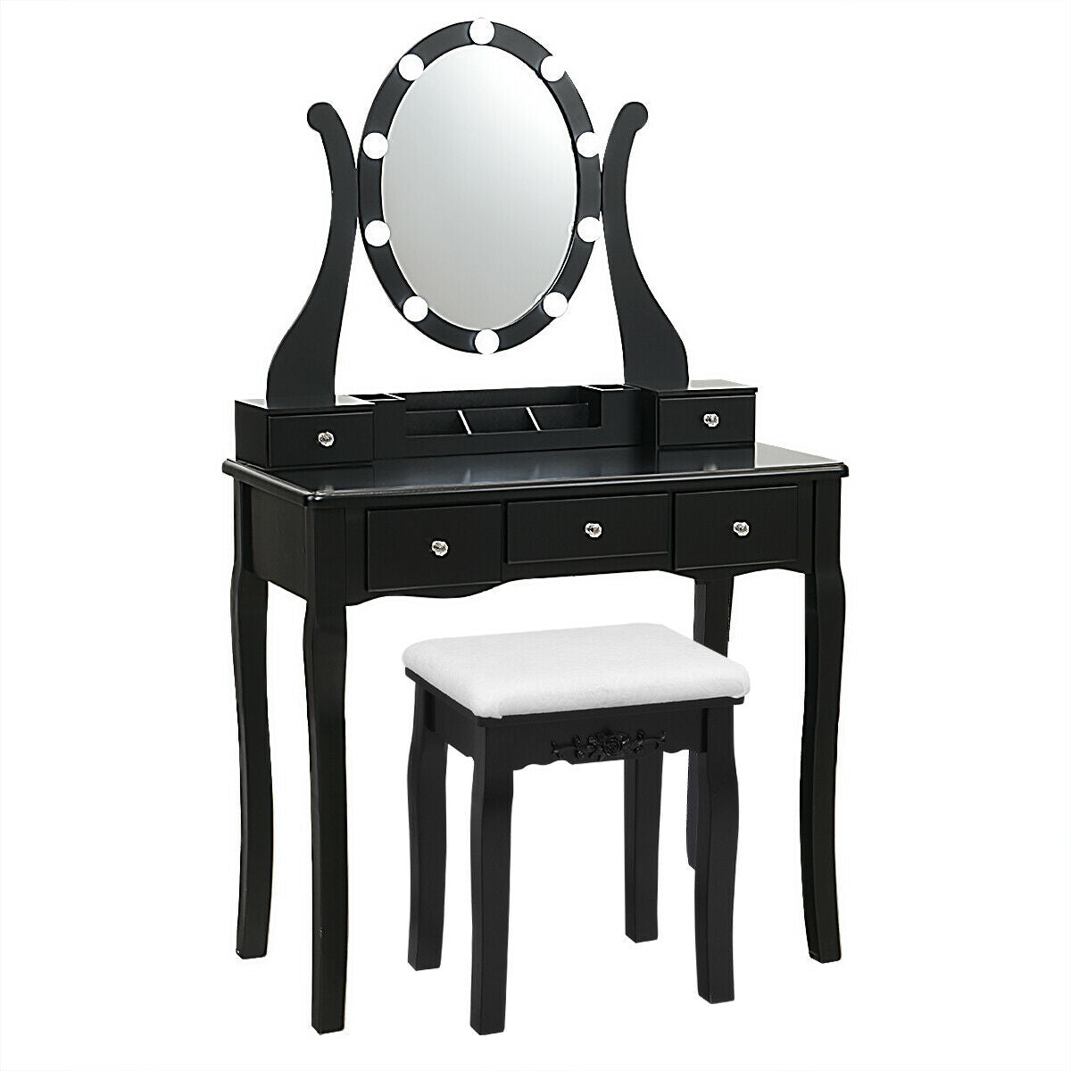 Vanity Set with Lighted Mirror, 10 Dimmable LEDs, Drawers, and Cushioned Stool – Black