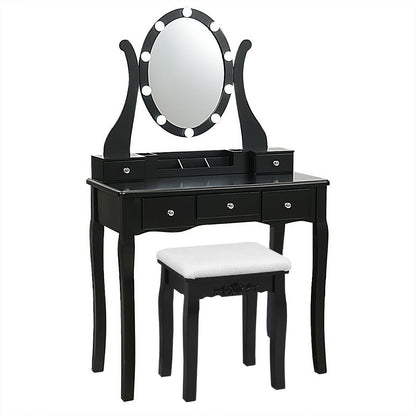Vanity Set with Lighted Mirror, 10 Dimmable LEDs, Drawers, and Cushioned Stool – Black