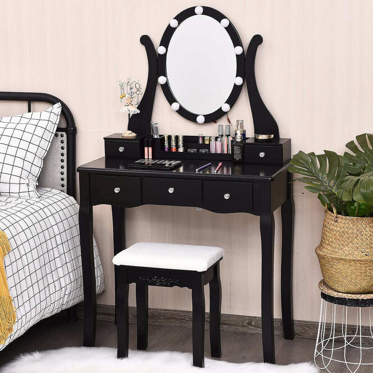 Vanity Set with Lighted Mirror, 10 Dimmable LEDs, Drawers, and Cushioned Stool – Black