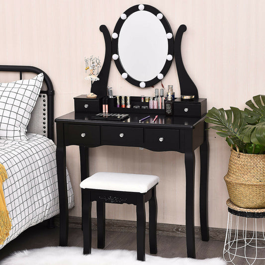 Vanity Set with Lighted Mirror, 10 Dimmable LEDs, Drawers, and Cushioned Stool – Black