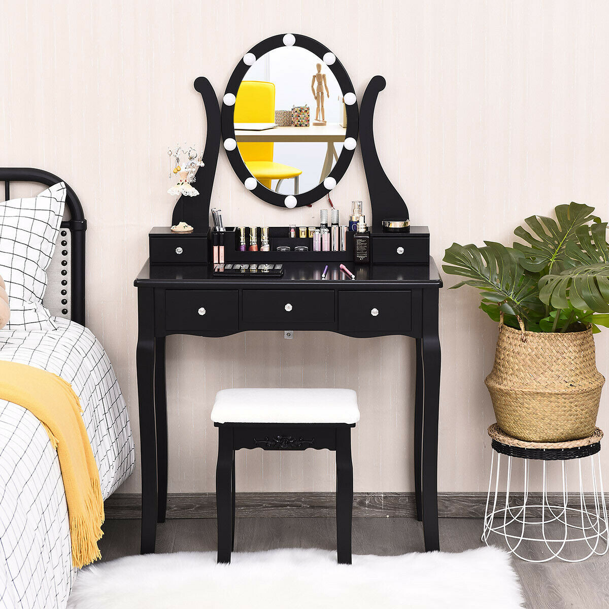 Vanity Set with Lighted Mirror, 10 Dimmable LEDs, Drawers, and Cushioned Stool – Black