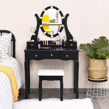 Vanity Set with Lighted Mirror, 10 Dimmable LEDs, Drawers, and Cushioned Stool – Black