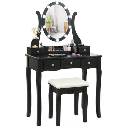 Vanity Set with Lighted Mirror, 10 Dimmable LEDs, Drawers, and Cushioned Stool – Black