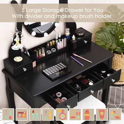 Vanity Set with Lighted Mirror, 10 Dimmable LEDs, Drawers, and Cushioned Stool – Black