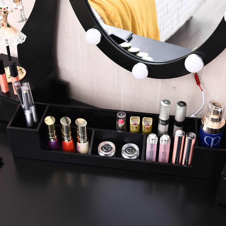 Vanity Set with Lighted Mirror, 10 Dimmable LEDs, Drawers, and Cushioned Stool – Black