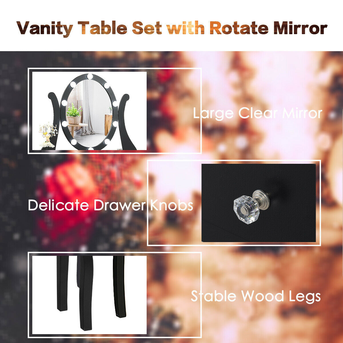 Vanity Set with Lighted Mirror, 10 Dimmable LEDs, Drawers, and Cushioned Stool – Black