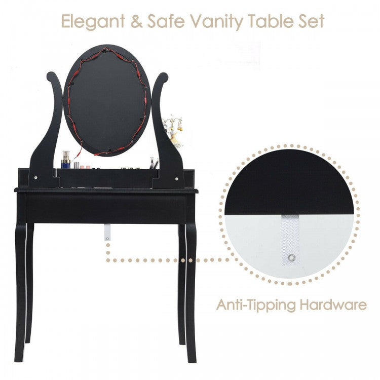 Vanity Set with Lighted Mirror, 10 Dimmable LEDs, Drawers, and Cushioned Stool – Brown