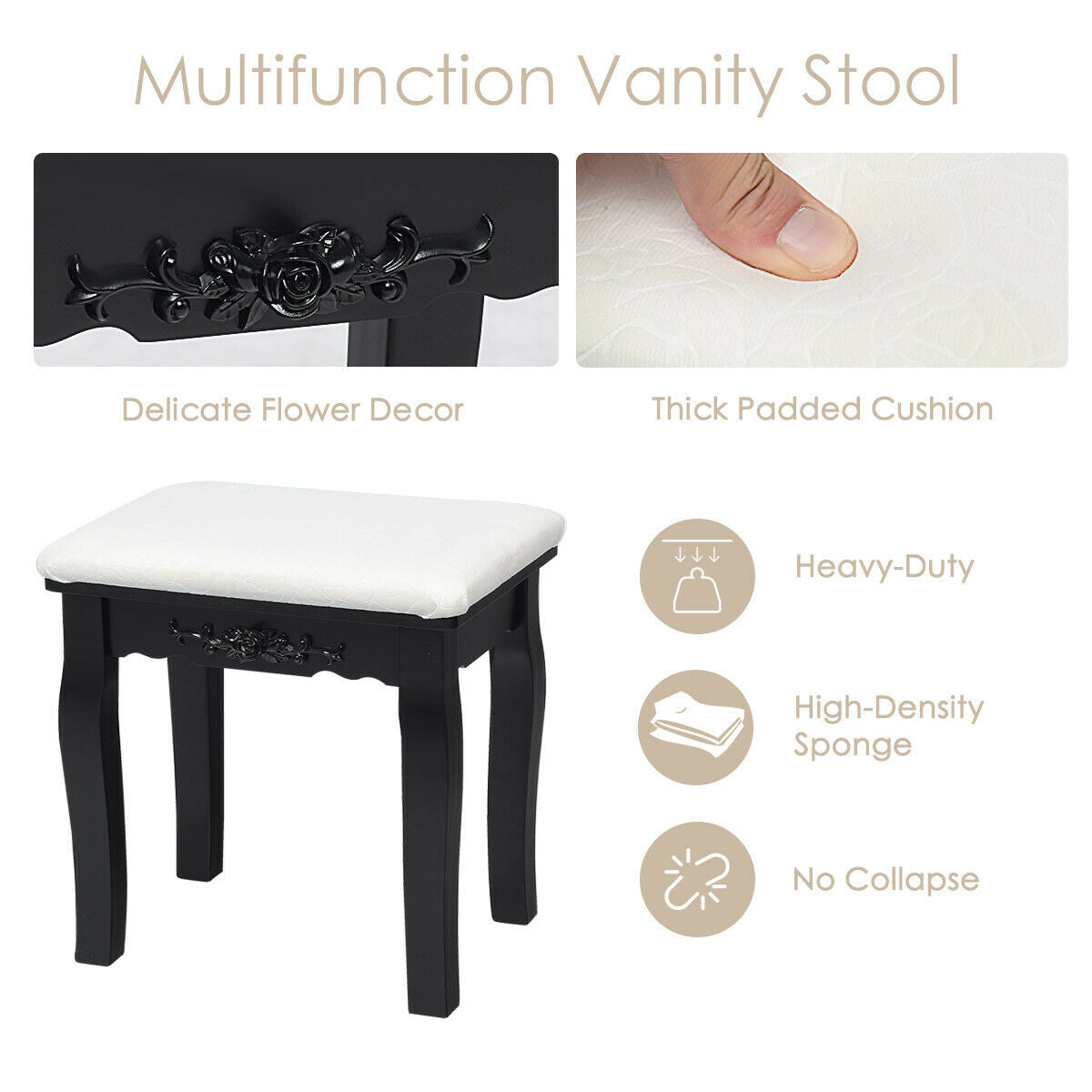 Vanity Set with Lighted Mirror, 10 Dimmable LEDs, Drawers, and Cushioned Stool – Black