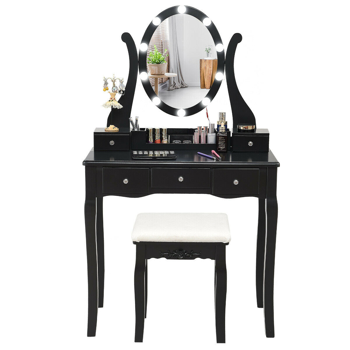 Vanity Set with Lighted Mirror, 10 Dimmable LEDs, Drawers, and Cushioned Stool – Black