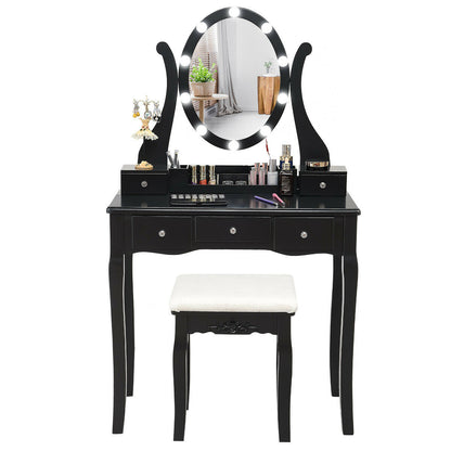 Vanity Set with Lighted Mirror, 10 Dimmable LEDs, Drawers, and Cushioned Stool – Black