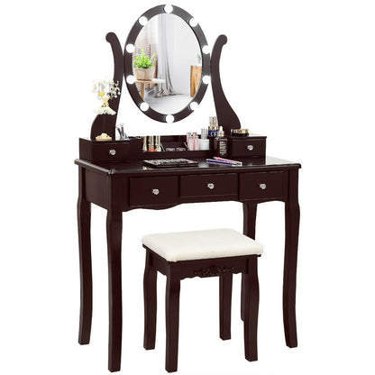 Vanity Set with Lighted Mirror, 10 Dimmable LEDs, Drawers, and Cushioned Stool – Brown