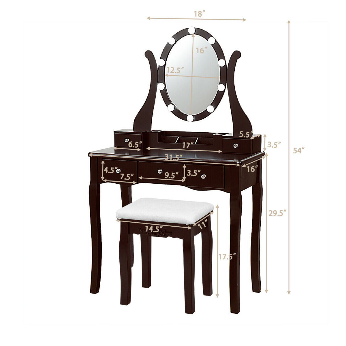 Vanity Set with Lighted Mirror, 10 Dimmable LEDs, Drawers, and Cushioned Stool – Brown