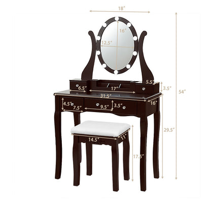 Vanity Set with Lighted Mirror, 10 Dimmable LEDs, Drawers, and Cushioned Stool – Brown