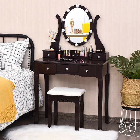 Vanity Set with Lighted Mirror, 10 Dimmable LEDs, Drawers, and Cushioned Stool – Brown