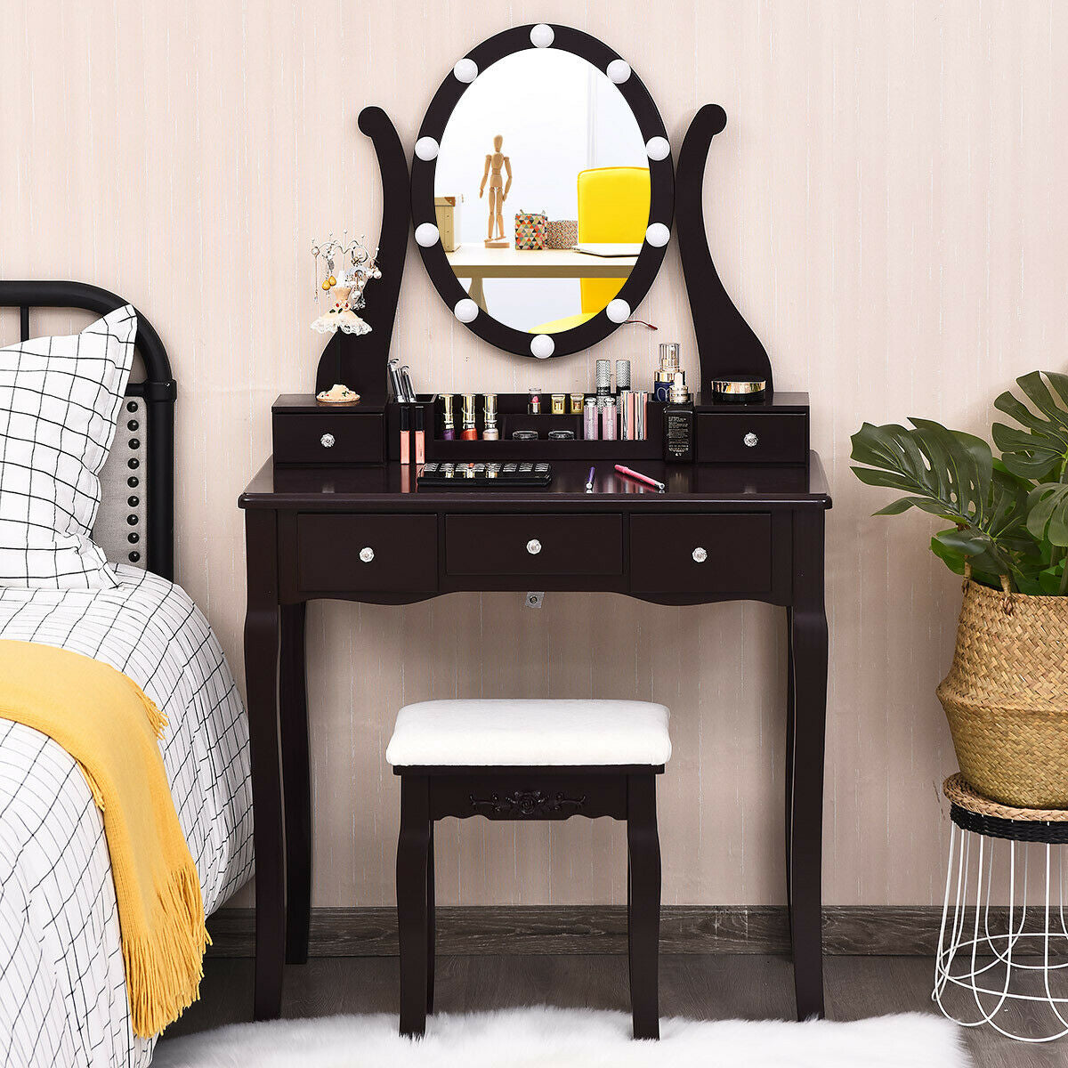 Vanity Set with Lighted Mirror, 10 Dimmable LEDs, Drawers, and Cushioned Stool – Brown