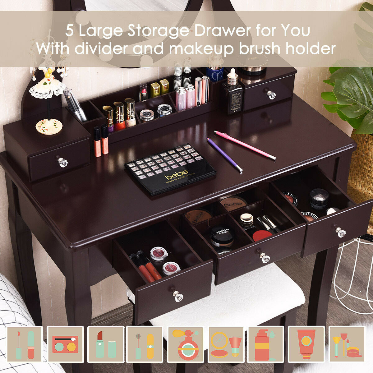 Vanity Set with Lighted Mirror, 10 Dimmable LEDs, Drawers, and Cushioned Stool – Brown