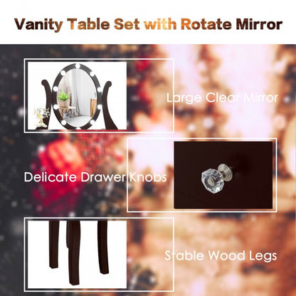 Vanity Set with Lighted Mirror, 10 Dimmable LEDs, Drawers, and Cushioned Stool – Brown
