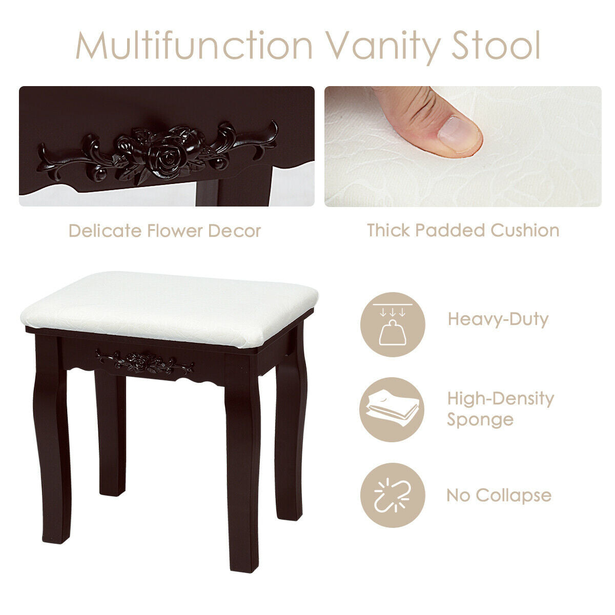 Vanity Set with Lighted Mirror, 10 Dimmable LEDs, Drawers, and Cushioned Stool – Brown