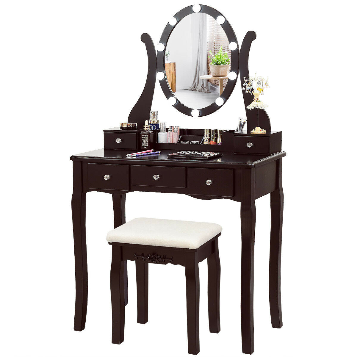 Vanity Set with Lighted Mirror, 10 Dimmable LEDs, Drawers, and Cushioned Stool – Brown