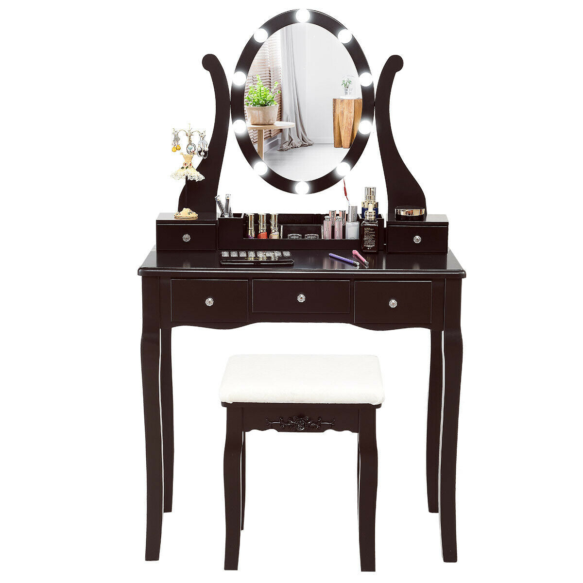 Vanity Set with Lighted Mirror, 10 Dimmable LEDs, Drawers, and Cushioned Stool – Brown